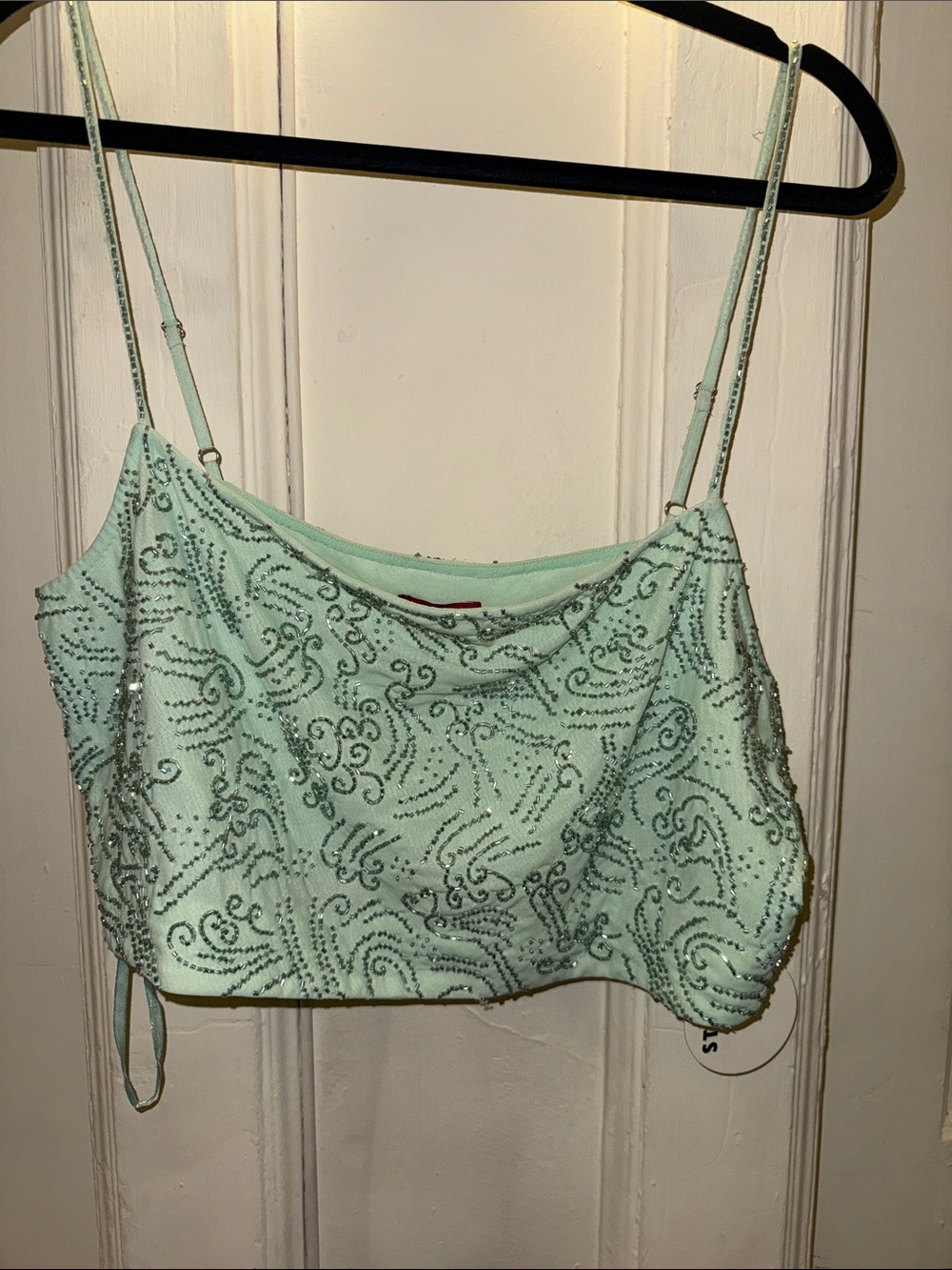 STAUD Mint Beaded Spaghetti Strap Crop Cowl Top